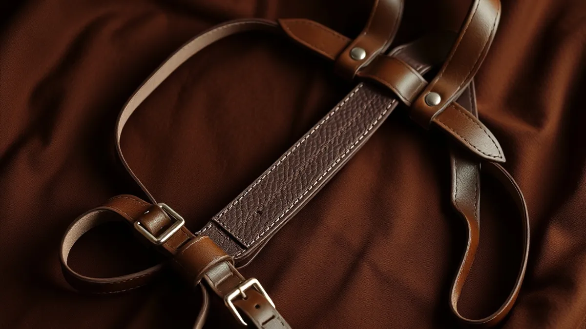Gode-ceinture creux avec son harnais ajustable posé sur une surface claire